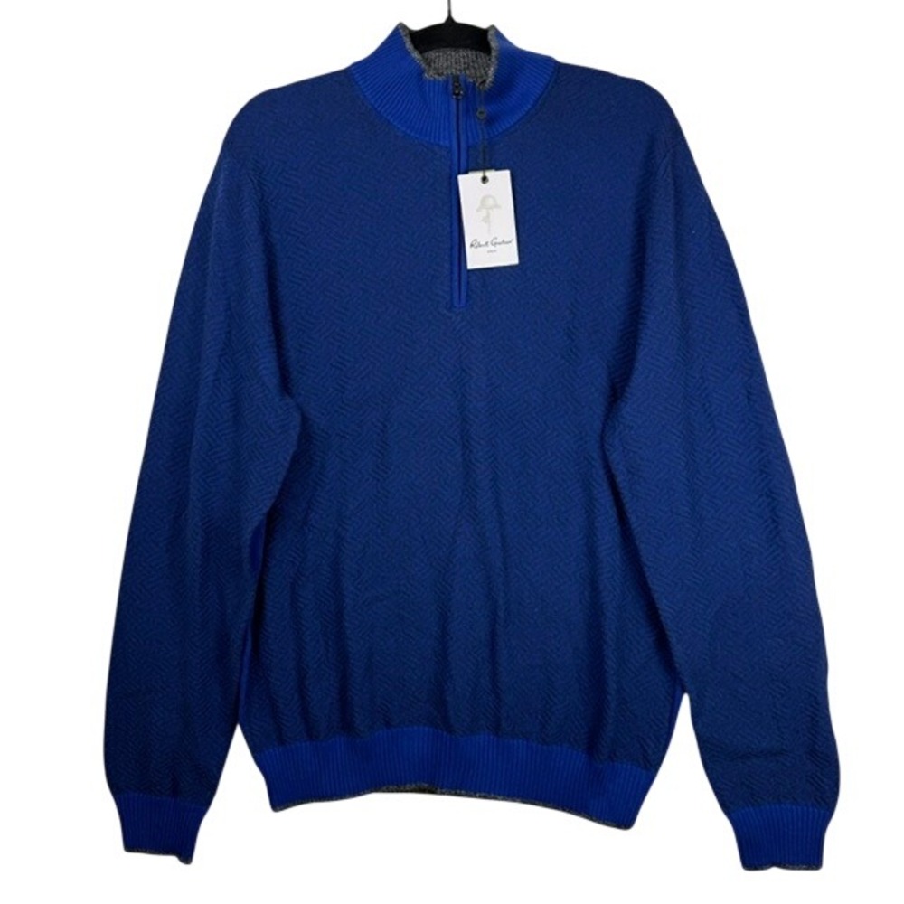 NWT Robert Graham Draco Quarter-Zip Sweater Geometric Classic Cobalt Blue Medium